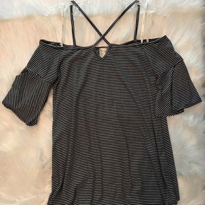 Navy and white stripe cold shoulder top